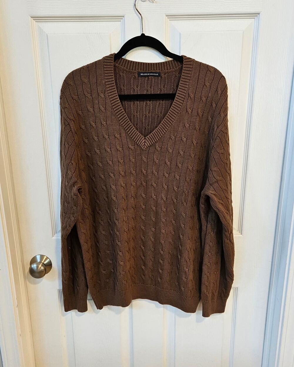 Brandy Melville MH320V Brown Cable Knit V-Neck Sweater One Size Cotton Blend